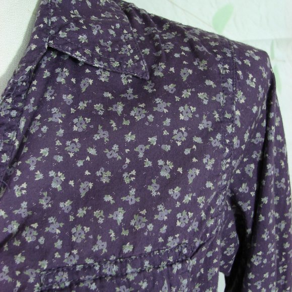 Purple Dainty Floral Long Adjustable Sleeve Ruche Button Front Scallop Hem Large - Picture 8 of 16